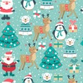 Christmas pattern with Santa, tree,boxes,  polar bear. snowman, deer and penguin., Royalty Free Stock Photo