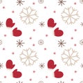 Christmas Pattern. Seamless vector red mittens and beige snowflakes. Royalty Free Stock Photo