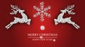 Christmas pattern silver deer and snowflake. Xmas decoration with reindeer. Happy New Year red background. Template for greeting Royalty Free Stock Photo