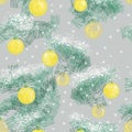 Christmas pattern with snow, branches and yellow balls on grey background with snowflakes