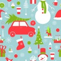 Christmas pattern with snowman, car and tree Royalty Free Stock Photo