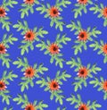 Christmas pattern of spruce branches and red orange flowers on a blue background. Seamless pattern, watercolor Royalty Free Stock Photo