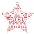 Christmas pattern in star shape with Noel word inspired by Nordic culture festive winter in cross stitch with heart