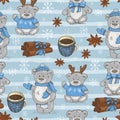 Christmas pattern with teddy bears, cups and spices