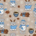 Christmas pattern with teddy bears, cups and spices