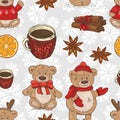 Christmas pattern with teddy bears, cups and spices