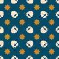 Christmas pattern. Vector seamless background with a beard, mustache, and stars. Navy blue, gold, shampagne color. Festive design