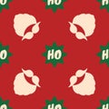 Christmas pattern. Vector seamless background with a beard, mustache, and text Ho Ho Ho in stars. Red. green, shampagne color.