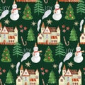 Christmas pattern with watercolors, house and Christmas trees Royalty Free Stock Photo