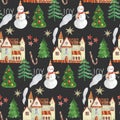 Christmas pattern with watercolors, house and Christmas trees Royalty Free Stock Photo