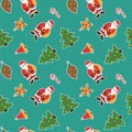 Christmas pattern. Winter holiday wallpaper. Seamless texture for the New Year. Santa Claus with a bag of gifts. Christmas decorat