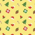 Christmas pattern. Winter holiday wallpaper. Seamless texture for the New Year. Santa Claus boot, cap, tree, bag, gift, stick, Royalty Free Stock Photo
