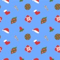 Christmas pattern. Winter holiday wallpaper. Seamless texture for the New Year. Santa`s cap, tree, bag, gift, stick, bell and Royalty Free Stock Photo