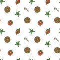 Christmas pattern. Winter holiday wallpaper. Seamless texture for the New Year. Stick, star, bell and ball