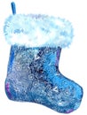 Christmas patterned blue sock with white fur. Watercolor illustration. Isolated.