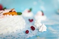 Christmas pavlova cake wreath decorated with cranberry, carmelized orange slices and mint