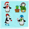 Christmas penguin characters - Set of winter cartoon vector illustrations