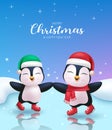 Christmas penguin characters vector design. Merry christmas and happy new year greeting text with twin smiling penguins Royalty Free Stock Photo