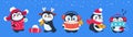 Christmas penguin. Funny snow animals, cute baby penguins cartoon characters in winter hat with gift box and balls