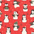 Christmas penguin pattern with red background