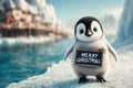 Christmas penguin with sign on icy background Royalty Free Stock Photo
