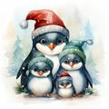 Christmas Penguins family in Santa Claus hats with gift box