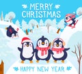 Christmas with penguins. Holidays greetings with cute happy penguins in winter forest, lettering merry christmas vector Royalty Free Stock Photo