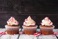 Christmas peppermint cupcakes in a row against rustic wood