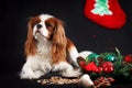 Christmas photo of cavalier king charles spaniel on black background