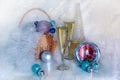 Christmas photo champagne and Christmas balls, tinsel, clock