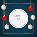 Christmas photo frame blue background and red decoration balls. 3D ball design with multiple colours on a dark blue background. 3D Royalty Free Stock Photo