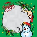 Christmas photo frame with Snowman and cute reindeer. Royalty Free Stock Photo