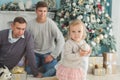 Christmas photo of large family. joy and happiness concept. portrait of large family gathering. sitting on floor, getting gifts, Royalty Free Stock Photo