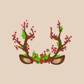 Christmas photo prop booth mask deer horns with ears, red berries, green leaves. Deer horn with berries as photo booth Royalty Free Stock Photo