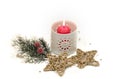 New Year, Christmas holiday card. Christmas photo red candle gold stars Royalty Free Stock Photo