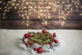 Christmas photo zone. Christmas decor. garland. wicker wreath. artificial snow.