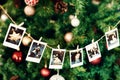 Christmas, photograph and memories with a row of pictures hanging on a Christmas tree for celebration or tradition