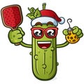 Christmas Pickle holding a Pickleball and racket with attitude and sunglasses