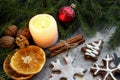 Christmas picture. Cookies in the form of snowflakes, floured, led candle lights, scattered nuts, cinnamon and orange slices. Royalty Free Stock Photo