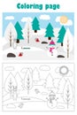 Christmas picture with snowy forest in cartoon style, xmas winter coloring page, education paper game for the development of