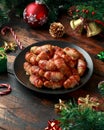 Christmas Pigs in blankets, sausages wrapped in bacon with decoration, gifts, green tree branch on wooden rustic table