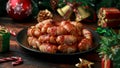 Christmas Pigs in blankets, sausages wrapped in bacon with decoration, gifts, green tree branch on wooden rustic table