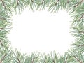 Christmas pine frame. Xmas tree branch with copy space for text. Spruce, Fir, evergreen plant. For postcard design, New Year cards Royalty Free Stock Photo