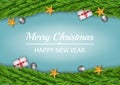 Christmas pine leaf border with holiday decor on color background