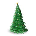 Christmas pine tree illustration with colorful balls and star decoration, and small lights