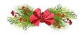 Christmas pine tree wreath with red bow, isolated on white. Watercolor garland , banner. Royalty Free Stock Photo