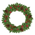 Christmas pine wreath with holly leaves, berries and pinecones Royalty Free Stock Photo