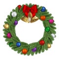 Christmas pine wreath with red bow, colorful balls and gold bells Royalty Free Stock Photo