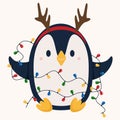 Christmas pinguin with colourful garland. Cartoon flat style