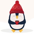 Christmas pinguin in red hat and with cup. Cartoon flat style